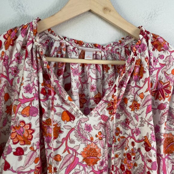 Knox Rose Womens XL Floral Peasant Blouse Pink Orange Cotton Short Sleeve Shirt - Picture 7 of 10